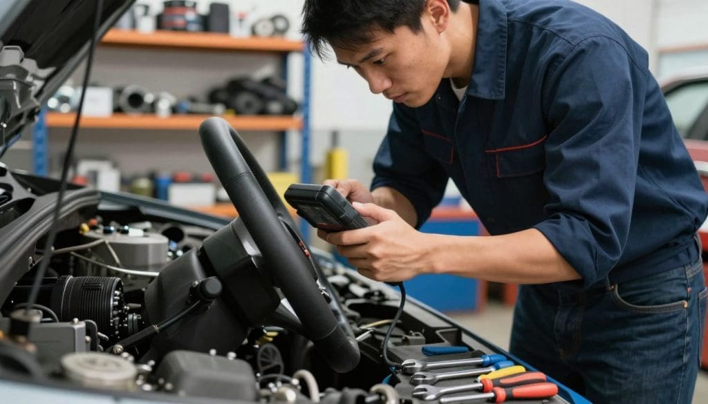 A close-up view of a professional mechanic inspecting a car's steering system in a well-lit auto repair shop. The mechanic, dressed in a navy blue work shirt and dark jeans, is using a diagnostic tool to examine the steering column, showcasing a focused expression on their face. In the foreground, convey a detailed look at the steering wheel and dashboard components, with tools like wrenches and screwdrivers neatly arranged. The background features shelves stocked with parts and tools, adding depth to the scene. Soft, bright lighting highlights the mechanic's effort, creating a sense of urgency and importance, emphasizing the need for immediate attention to the vehicle's steering system. The mood is serious yet professional, reinforcing the critical nature of timely repairs. A close-up view of a professional mechanic inspecting a car's steering system in a well-lit auto repair shop. The mechanic, dressed in a navy blue work shirt and dark jeans, is using a diagnostic tool to examine the steering column, showcasing a focused expression on their face. In the foreground, convey a detailed look at the steering wheel and dashboard components, with tools like wrenches and screwdrivers neatly arranged. The background features shelves stocked with parts and tools, adding depth to the scene. Soft, bright lighting highlights the mechanic's effort, creating a sense of urgency and importance, emphasizing the need for immediate attention to the vehicle's steering system. The mood is serious yet professional, reinforcing the critical nature of timely repairs.