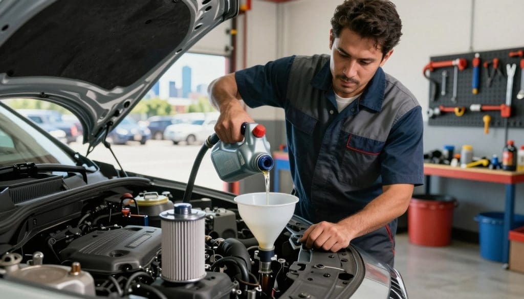 A close-up view of a skilled mechanic performing a synthetic oil change on a car in a well-lit garage. In the foreground, a clean, shiny oil filter and a funnel positioned next to an opened hood, showcasing the engine. In the middle ground, the mechanic, dressed in a professional mechanic's uniform, is focused on pouring synthetic oil into the engine using a precision nozzle, with a look of concentration on his face. The background features a well-organized workspace with tools neatly arranged on a pegboard, and a vibrant San Antonio skyline visible through a garage window, suggesting urban traffic outside. The lighting is bright and natural, creating an upbeat and productive atmosphere, emphasizing the importance of maintenance and care in vehicle upkeep. A close-up view of a skilled mechanic performing a synthetic oil change on a car in a well-lit garage. In the foreground, a clean, shiny oil filter and a funnel positioned next to an opened hood, showcasing the engine. In the middle ground, the mechanic, dressed in a professional mechanic's uniform, is focused on pouring synthetic oil into the engine using a precision nozzle, with a look of concentration on his face. The background features a well-organized workspace with tools neatly arranged on a pegboard, and a vibrant San Antonio skyline visible through a garage window, suggesting urban traffic outside. The lighting is bright and natural, creating an upbeat and productive atmosphere, emphasizing the importance of maintenance and care in vehicle upkeep.