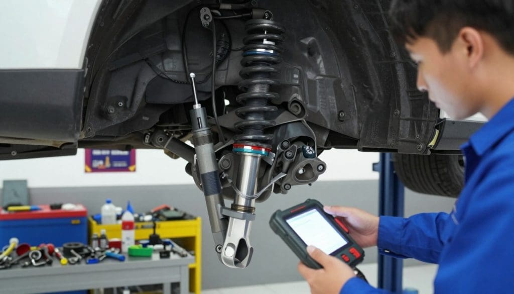 A close-up view of a well-maintained vehicle's suspension system, showcasing the intricate details of components like shock absorbers and springs in a clean, professional garage setting. In the foreground, a mechanic in a blue uniform examines the suspension with focused attention, using a diagnostic tool with bright LED lighting illuminating the area. The middle ground features an array of tools and repair parts neatly arranged on a workbench, symbolizing preparation and efficiency. In the background, a well-organized garage with posters highlighting safety and maintenance best practices. The atmosphere is bright and motivating, conveying a sense of safety and professionalism, with soft ambient lighting enhancing the overall clarity and focus on the benefits of prompt repairs to drive home the message of safety and reliability. A close-up view of a well-maintained vehicle's suspension system, showcasing the intricate details of components like shock absorbers and springs in a clean, professional garage setting. In the foreground, a mechanic in a blue uniform examines the suspension with focused attention, using a diagnostic tool with bright LED lighting illuminating the area. The middle ground features an array of tools and repair parts neatly arranged on a workbench, symbolizing preparation and efficiency. In the background, a well-organized garage with posters highlighting safety and maintenance best practices. The atmosphere is bright and motivating, conveying a sense of safety and professionalism, with soft ambient lighting enhancing the overall clarity and focus on the benefits of prompt repairs to drive home the message of safety and reliability.