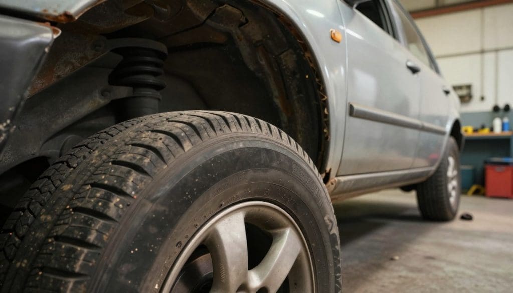 A close-up view of a worn car tire demonstrating uneven tread wear caused by poor wheel alignment. The foreground features a detailed, textured tire with visible wear patterns, including scuff marks and localized flat spots. The middle ground highlights a partially rusted car that appears misaligned, with its suspension slightly tilted to indicate improper alignment. In the background, a garage environment is visible, with tools and parts organized neatly, casting soft shadows from overhead lights. The scene is illuminated with warm, natural light, creating a realistic and technical atmosphere. The image should convey a sense of urgency about tire maintenance, emphasizing the importance of correct wheel alignment for tire health.