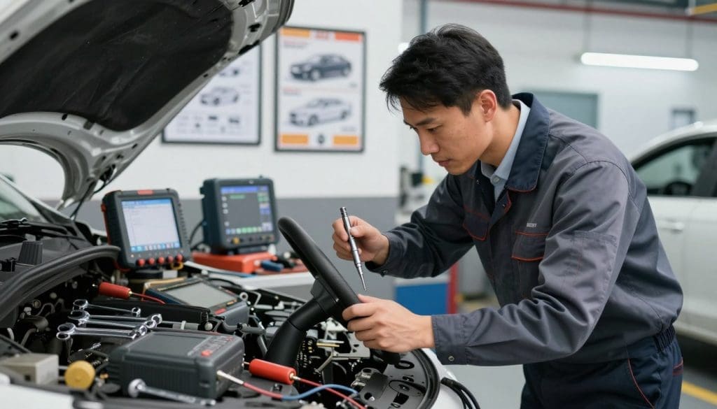 A comprehensive vehicle inspection scene in a well-lit automotive garage. In the foreground, a mechanic, dressed in professional business attire, inspects a vehicle's steering system using detailed tools and a diagnostic machine. The mechanic's focused expression conveys expertise and attention to detail. In the middle ground, there are various tools and equipment, such as wrenches and electronic diagnostic devices, organized neatly on a workbench. In the background, framed vehicle diagrams and safety posters are visible on the walls, adding an educational element to the environment. The lighting is bright and even, highlighting the precision of the inspection process, creating a mood of professionalism and diligence in automotive care. A comprehensive vehicle inspection scene in a well-lit automotive garage. In the foreground, a mechanic, dressed in professional business attire, inspects a vehicle's steering system using detailed tools and a diagnostic machine. The mechanic's focused expression conveys expertise and attention to detail. In the middle ground, there are various tools and equipment, such as wrenches and electronic diagnostic devices, organized neatly on a workbench. In the background, framed vehicle diagrams and safety posters are visible on the walls, adding an educational element to the environment. The lighting is bright and even, highlighting the precision of the inspection process, creating a mood of professionalism and diligence in automotive care.