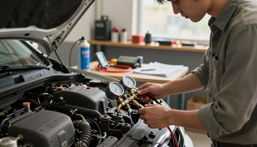 A detailed DIY troubleshooting scene for car AC recharge, featuring a well-lit garage setting with a car hood open. In the foreground, a person dressed in modest casual clothing carefully examines an air conditioning manifold gauge connected to the vehicle's AC system. The middle ground showcases various tools such as a refrigerant canister, hose, and a digital thermometer on a workbench. The background includes shelves with additional car maintenance tools and manuals, enhancing the DIY atmosphere. Soft, natural lighting filters in through a nearby window, casting a warm glow that evokes a sense of focused determination. The image captures a realistic, practical vibe, emphasizing hands-on troubleshooting for car AC issues. A detailed DIY troubleshooting scene for car AC recharge, featuring a well-lit garage setting with a car hood open. In the foreground, a person dressed in modest casual clothing carefully examines an air conditioning manifold gauge connected to the vehicle's AC system. The middle ground showcases various tools such as a refrigerant canister, hose, and a digital thermometer on a workbench. The background includes shelves with additional car maintenance tools and manuals, enhancing the DIY atmosphere. Soft, natural lighting filters in through a nearby window, casting a warm glow that evokes a sense of focused determination. The image captures a realistic, practical vibe, emphasizing hands-on troubleshooting for car AC issues.