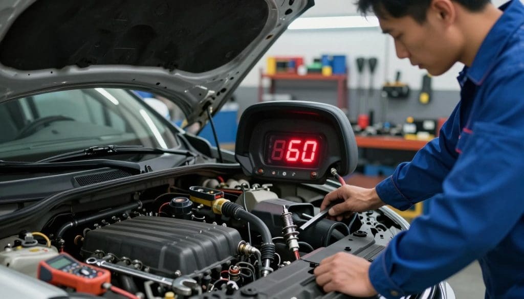 A detailed automotive scene depicting common causes for a check engine light illuminating. In the foreground, a mechanic in a blue jumpsuit inspects an open car hood, focusing on the engine. Tools like wrenches and multimeters lie scattered around. In the middle ground, a close-up of the dashboard displays the illuminated check engine light, creating a subtle glow that highlights the concern. Various components related to engine issues—like a faultyoxygen sensor, loose gas cap, and a worn spark plug—are artistically arranged to showcase their relevance. The background features a bustling garage with shelves stocked with automotive tools, illuminated by bright overhead lights, creating a focused and professional atmosphere. The mood is serious yet informative, aimed at educating viewers about automotive health.