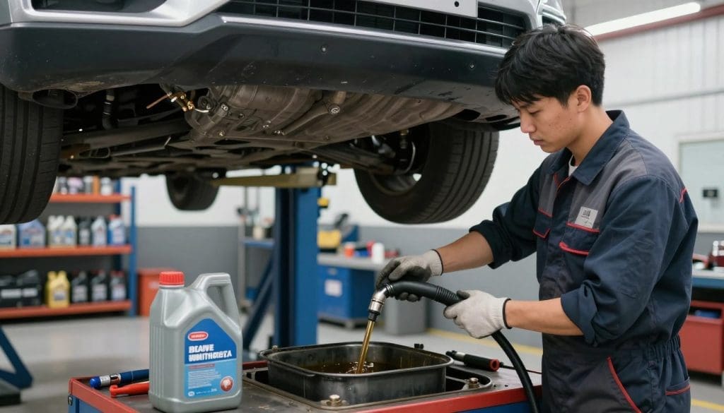 A detailed automotive transmission fluid service scene set in a well-lit garage. In the foreground, a mechanic in professional attire (coveralls and gloves) is focused on a vehicle, using a fluid transfer pump to extract old transmission fluid from a service pan. The mechanic’s tools and a transmission fluid container are neatly organized nearby. The middle ground features a car raised on a hydraulic lift, exposing its underside where the transmission is located, with clear visibility of fittings and connections. In the background, shelves lined with automotive fluids and tools are slightly blurred, creating depth. Soft, bright lighting highlights the clean, organized space, conveying a sense of professionalism and precision in automotive maintenance. The atmosphere is busy yet focused, emphasizing the importance of proper transmission fluid service.