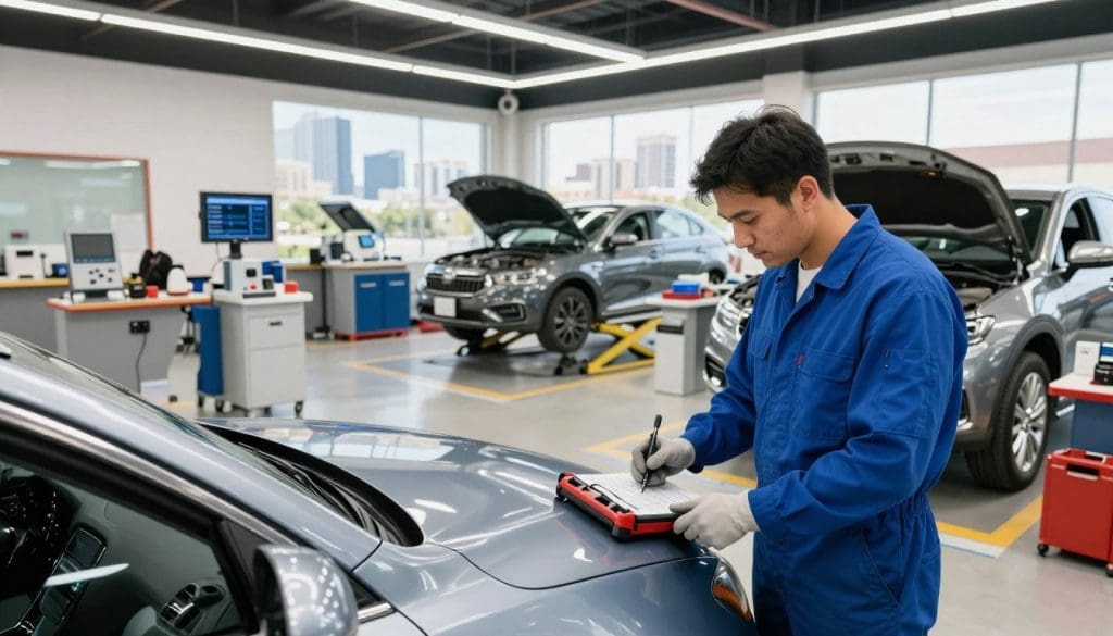 A detailed car inspection booth in San Antonio, showcasing various comprehensive pre-purchase inspection options. In the foreground, a professional mechanic, dressed in a clean blue jumpsuit and safety gloves, examines a shiny sedan, using diagnostic tools and a checklist. The middle ground features a well-organized inspection station with car lifts, tools, and inspection equipment, illuminated by bright, daylight-like lighting that highlights the car's features. In the background, a clear view of San Antonio's skyline adds context. The scene conveys a sense of trust and professionalism, with a focus on thoroughness and attention to detail in vehicle inspection. Use a wide-angle lens to capture the environment, ensuring a clean, inviting atmosphere. The image is bright and engaging, emphasizing the importance of a thorough inspection.