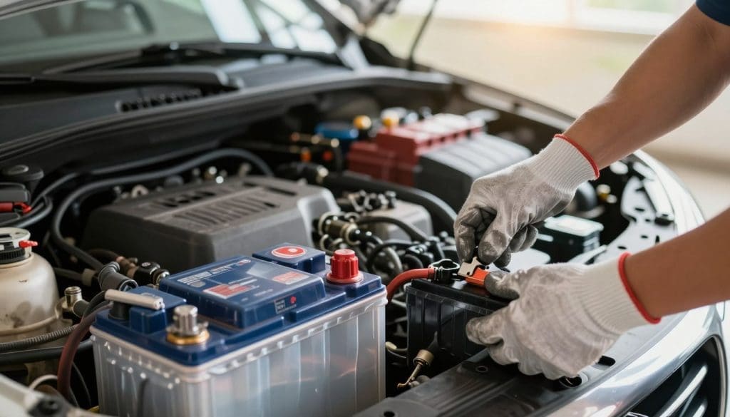 A detailed close-up of an automotive battery being replaced in a car engine compartment, emphasizing the clean and polished tools used for the task. In the foreground, a pair of professional hands, wearing safety gloves, is carefully disconnecting the old battery while a new battery lies ready nearby, gleaming under the bright, natural light. The middle ground showcases the engine bay, organized with various tools neatly arranged, reflecting a sense of order and alertness. In the background, a blurred view of a garage with sunlight filtering through, creating a warm and informative atmosphere. The scene conveys a sense of responsibility and the peace of mind that comes with timely battery replacement, highlighting the importance of preventative care in vehicle maintenance. A detailed close-up of an automotive battery being replaced in a car engine compartment, emphasizing the clean and polished tools used for the task. In the foreground, a pair of professional hands, wearing safety gloves, is carefully disconnecting the old battery while a new battery lies ready nearby, gleaming under the bright, natural light. The middle ground showcases the engine bay, organized with various tools neatly arranged, reflecting a sense of order and alertness. In the background, a blurred view of a garage with sunlight filtering through, creating a warm and informative atmosphere. The scene conveys a sense of responsibility and the peace of mind that comes with timely battery replacement, highlighting the importance of preventative care in vehicle maintenance.