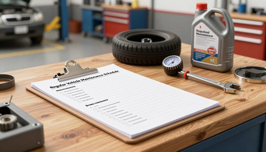 A detailed illustration of a "Regular Vehicle Maintenance Schedule" depicted on a clipboard resting on a wooden workbench. Foreground shows a clean clipboard filled with neatly organized tasks, including tire balancing, oil change, and brake checks, with small checkboxes next to each task. In the middle, tools such as a tire pressure gauge, wrench set, and oil can are arranged neatly, emphasizing the maintenance theme. In the background, a well-lit garage environment with partially visible vehicles and tool cabinets, creating an atmosphere of professionalism and diligence. Soft, natural lighting enhances the warm and inviting feel of the workspace. The angle is slightly elevated, capturing both the clipboard and tools, promoting a sense of importance around vehicle safety and regular upkeep.