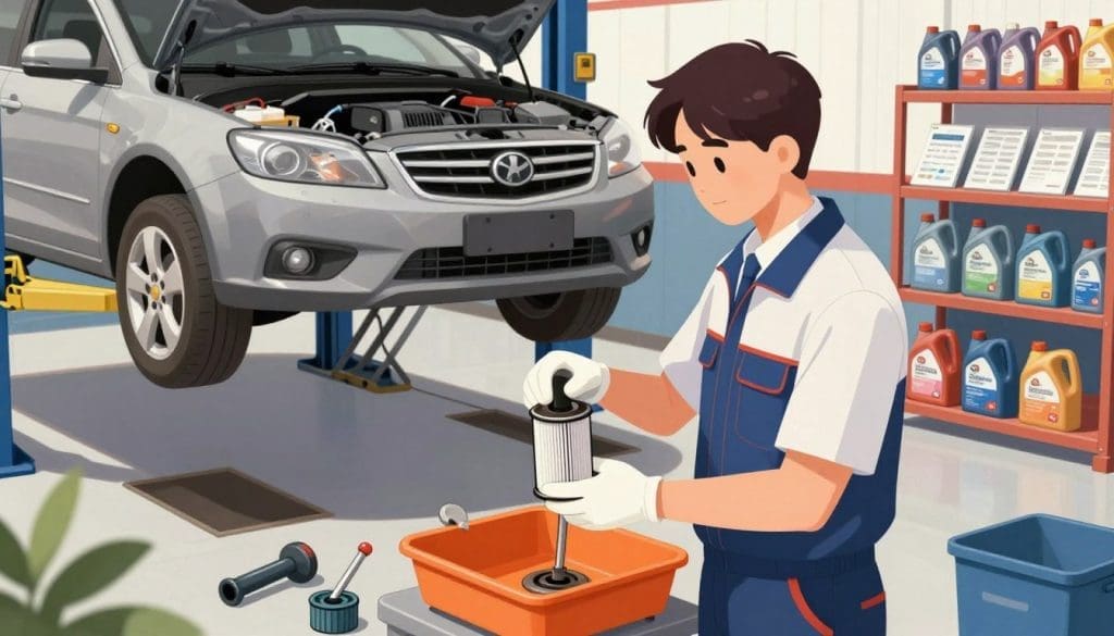 A detailed illustration of a routine service oil change guide, featuring a clean, well-lit garage setting. In the foreground, a mechanic in professional business attire is demonstrating how to replace the oil filter, surrounded by essential tools and a bright orange oil drain pan. The middle ground showcases a raised car on a hydraulic lift, revealing the undercarriage and oil pan, with various automotive tools neatly arranged nearby. In the background, shelves filled with oil canisters and maintenance manuals add context. The atmosphere is clean, organized, and instructional, with bright, natural lighting creating an inviting yet professional mood. Capture the scene from a slightly elevated angle to offer a comprehensive view of the process without any text or watermarks.