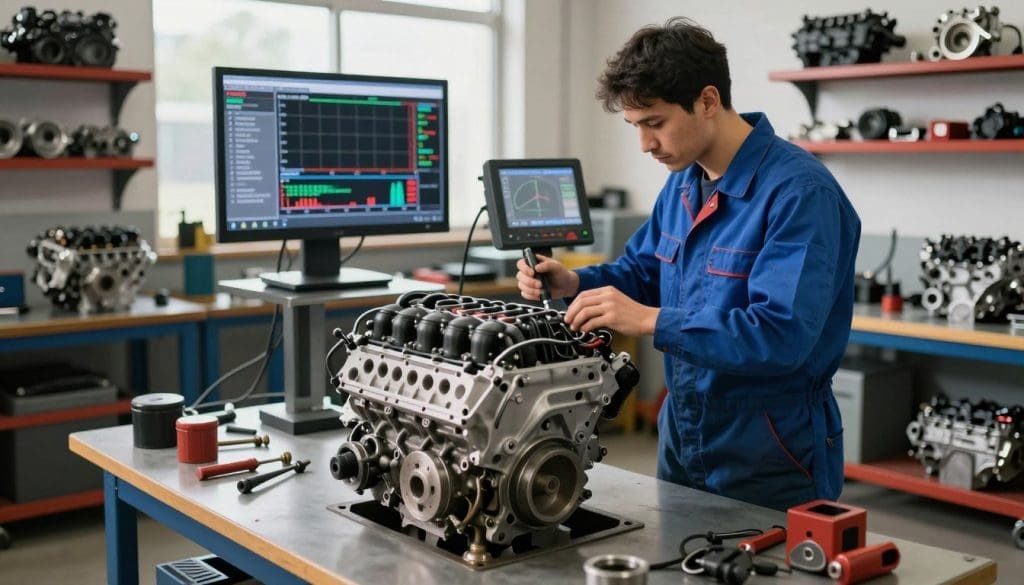 A detailed image showcasing engine performance, set in a well-lit automotive workshop. In the foreground, a heavily detailed engine on a workbench, with various tools scattered around, suggesting active maintenance and repair. The middle ground features a mechanic wearing a professional blue coverall, deeply focused on examining the engine with a digital diagnostic tool, surrounded by charts displaying performance metrics on a wall-mounted screen. In the background, shelves filled with spare engine parts and equipment create a sense of industriousness. Natural light streams through a large window, casting soft shadows and creating an atmosphere of diligence and precision. The overall mood is one of professionalism and expertise, highlighting the importance of engine repair in maintaining vehicle safety.