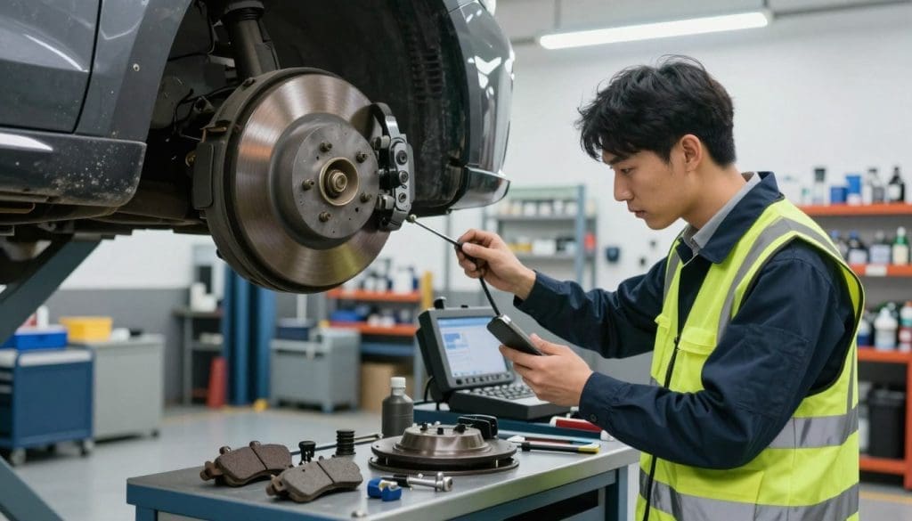 A detailed scene depicting a 55-point brake inspection process in an automotive workshop. In the foreground, a qualified mechanic, dressed in professional business attire with a safety vest, is carefully examining brake components on a car raised on a lift. In the middle ground, various tools and brake parts are organized neatly on a workbench, including brake pads, rotors, and diagnostic equipment. In the background, shelves are stocked with automotive supplies, and bright fluorescent lighting enhances the clean and organized atmosphere of the workshop. The angle captures both the hands-on inspection and the technical environment, showcasing the importance of thorough brake safety checks. The overall mood conveys diligence, professionalism, and a commitment to safety on the road.