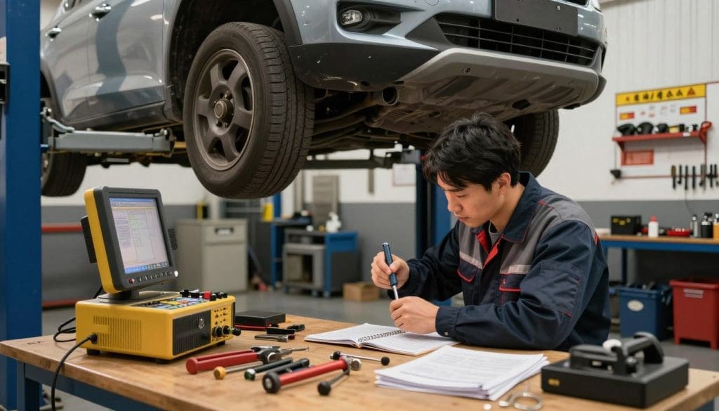 A detailed vehicle safety inspection scene, featuring a mechanic in professional attire examining a car with a focus on the engine and undercarriage. The mechanic is using specialized tools, surrounded by organized inspection equipment like diagnostic machines and manuals. In the foreground, a mechanic's tools scatter across a workbench, highlighted by soft, natural lighting that creates a warm atmosphere. The mid-ground showcases the car elevated on a hydraulic lift, with visible attention on the tires and brakes. The background reveals a well-organized automotive workshop with safety posters and tools neatly arranged, emphasizing a clean and professional environment. The overall mood is one of diligence and thoroughness in ensuring road safety through comprehensive vehicle checks.