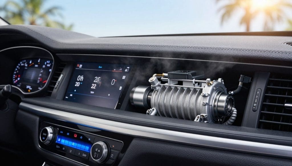 A detailed view of a car's air conditioning system, showcasing the inner components like the compressor, evaporator, and condenser in a clean, well-lit environment. The foreground features a close-up of the AC controls inside the car cabin with buttons illuminated, reflecting the soothing blue glow of the climate control settings. In the middle ground, the dashboard displays clear indicators showing the temperature settings, while the air vents are subtly blowing a faint mist. The background shows a well-maintained vehicle interior, emphasizing luxury and comfort. Bright, natural light filters through the windshield, creating an inviting atmosphere. The overall mood conveys a blend of functionality and modern technology, illustrating the essential role of the AC system in providing relief from the heat, especially under the Texas sun. A detailed view of a car's air conditioning system, showcasing the inner components like the compressor, evaporator, and condenser in a clean, well-lit environment. The foreground features a close-up of the AC controls inside the car cabin with buttons illuminated, reflecting the soothing blue glow of the climate control settings. In the middle ground, the dashboard displays clear indicators showing the temperature settings, while the air vents are subtly blowing a faint mist. The background shows a well-maintained vehicle interior, emphasizing luxury and comfort. Bright, natural light filters through the windshield, creating an inviting atmosphere. The overall mood conveys a blend of functionality and modern technology, illustrating the essential role of the AC system in providing relief from the heat, especially under the Texas sun.