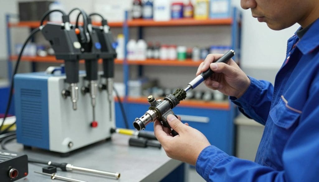 A detailed view of a fuel injector cleaning process taking place in a well-lit automotive workshop. In the foreground, a technician in a professional blue coverall carefully inspects a fuel injector using precision tools, showcasing the intricate design and build-up of carbon deposits on the injector nozzle. In the middle ground, a workbench with various cleaning equipment and hydraulic cleaning machines is visible, emphasizing a sense of industry and technology. The background features shelves stocked with automotive maintenance supplies and tools, bathed in soft overhead lighting to create a focused atmosphere. The image captures the essence of professionalism and precision in automotive care, highlighting the importance of fuel injector cleaning for optimal vehicle performance.