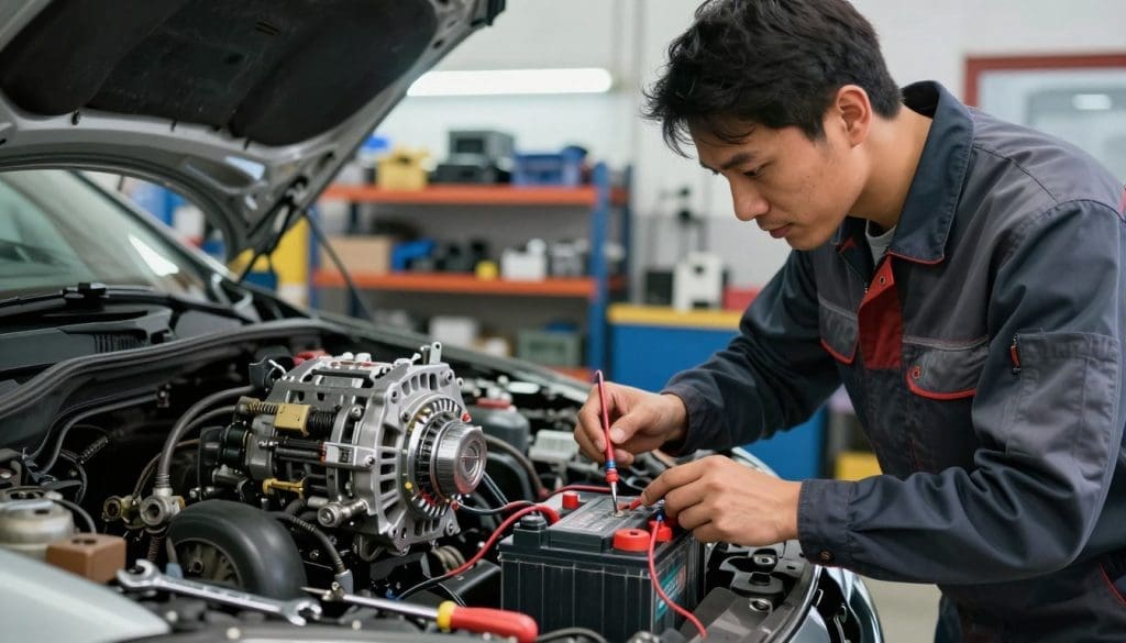 A focused automotive repair scene showing a mechanic working diligently on a car's battery and alternator in a well-lit garage workshop. In the foreground, the mechanic, dressed in a professional business attire, is inspecting the battery terminals with a multimeter, showcasing concentration and expertise. In the middle ground, there’s a partially disassembled alternator with tools such as wrenches and screwdrivers scattered around, indicating an ongoing repair process. The background features industrial shelves stocked with spare parts and glowing fluorescent lights above, creating a vibrant yet serious atmosphere that emphasizes the technical nature of the work. The overall mood is one of professionalism and attention to detail, highlighting the connection between battery problems and alternator issues. A focused automotive repair scene showing a mechanic working diligently on a car's battery and alternator in a well-lit garage workshop. In the foreground, the mechanic, dressed in a professional business attire, is inspecting the battery terminals with a multimeter, showcasing concentration and expertise. In the middle ground, there’s a partially disassembled alternator with tools such as wrenches and screwdrivers scattered around, indicating an ongoing repair process. The background features industrial shelves stocked with spare parts and glowing fluorescent lights above, creating a vibrant yet serious atmosphere that emphasizes the technical nature of the work. The overall mood is one of professionalism and attention to detail, highlighting the connection between battery problems and alternator issues.