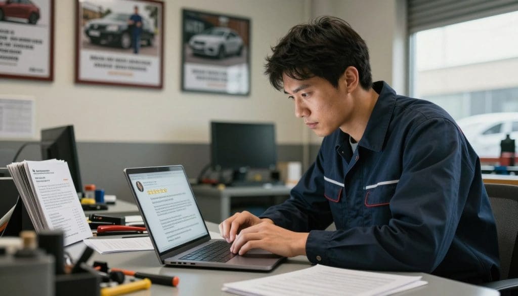 A focused scene of a professional auto repair shop office, where a mechanic in a neat uniform is evaluating customer reviews on a laptop. In the foreground, the mechanic leans forward, intently reading review ratings and comments, with a look of concentration on their face. The middle ground features an organized workspace, with paperwork scattered on a desk alongside automotive repair manuals and tools. The background includes a wall adorned with framed customer testimonials and images of satisfied clients with their vehicles. Soft, natural lighting from a nearby window creates a warm, inviting atmosphere. The angle of the shot captures the depth of the space, emphasizing the connection between customer feedback and quality service. The mood is serious yet hopeful, reflecting the pursuit of excellence in auto repair services.