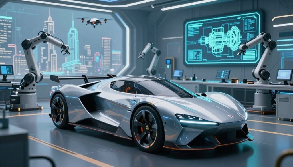 A futuristic vehicle showcasing advanced transmission technology in the foreground, featuring a sleek, aerodynamic design with glowing accents and visible mechanical components. In the middle ground, a high-tech workshop filled with robotic arms and digital screens displaying intricate diagrams of transmission systems. The background features a city skyline with smart buildings and drones flying, symbolizing innovation and progress. The scene is illuminated by soft blue and green lights, creating a high-tech ambiance. The angle is dynamic, slightly elevated, capturing the technology in action. The overall mood is optimistic and forward-thinking, reflecting the advancements in engineering and automation in transmission technology. A futuristic vehicle showcasing advanced transmission technology in the foreground, featuring a sleek, aerodynamic design with glowing accents and visible mechanical components. In the middle ground, a high-tech workshop filled with robotic arms and digital screens displaying intricate diagrams of transmission systems. The background features a city skyline with smart buildings and drones flying, symbolizing innovation and progress. The scene is illuminated by soft blue and green lights, creating a high-tech ambiance. The angle is dynamic, slightly elevated, capturing the technology in action. The overall mood is optimistic and forward-thinking, reflecting the advancements in engineering and automation in transmission technology.