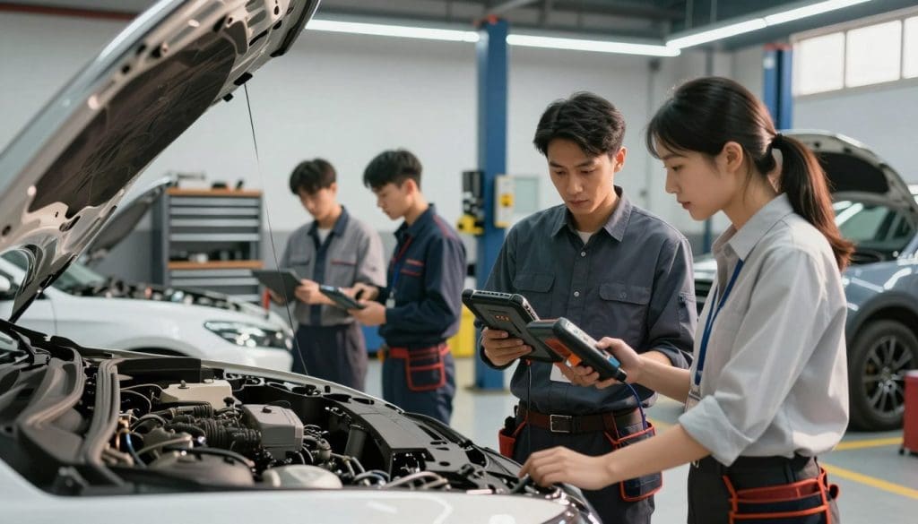 A group of expert vehicle technicians working diligently in a modern garage setting. In the foreground, two technicians, a man and a woman, are inspecting a vehicle; the man is holding a diagnostic tool while the woman checks the engine. Both wear professional business attire with tool belts. In the middle ground, additional technicians are focused on their tasks, with one using a hydraulic lift to elevate a car for inspection. The background features organized tool racks and bright overhead lighting, enhancing the workspace atmosphere. The scene is captured with a wide-angle lens to provide depth, and a warm, inviting light casts soft shadows, creating a mood of professionalism and expertise. The overall composition reflects a high standard of service quality in vehicle inspections.