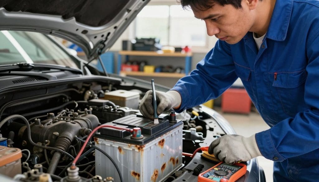 A mechanic carefully inspecting a car battery, focused on its physical condition. In the foreground, the mechanic, wearing a blue jumpsuit and gloves, is examining the battery for corrosion, with tools like a wire brush and multimeter nearby. The middle ground features a close-up of the battery, showcasing rust spots and visible damage. The background includes a well-lit garage environment with overhead fluorescent lights and shelves filled with tools and car parts. Natural sunlight streams in through a nearby window, creating a warm and inviting atmosphere. The image conveys a sense of professionalism and careful attention to detail, emphasizing the importance of battery maintenance. A mechanic carefully inspecting a car battery, focused on its physical condition. In the foreground, the mechanic, wearing a blue jumpsuit and gloves, is examining the battery for corrosion, with tools like a wire brush and multimeter nearby. The middle ground features a close-up of the battery, showcasing rust spots and visible damage. The background includes a well-lit garage environment with overhead fluorescent lights and shelves filled with tools and car parts. Natural sunlight streams in through a nearby window, creating a warm and inviting atmosphere. The image conveys a sense of professionalism and careful attention to detail, emphasizing the importance of battery maintenance.
