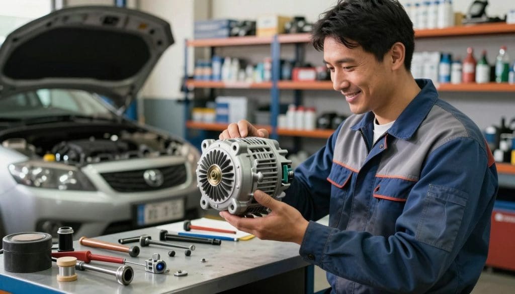 A mechanic in a well-lit auto repair shop examines a shiny new alternator, showcasing its importance in vehicle maintenance. In the foreground, the mechanic, dressed in professional work attire, holds the alternator with a confident smile. In the middle ground, tools and parts are organized neatly on a workbench, while a partially disassembled car is visible, emphasizing the repair process. The background features shelves filled with automotive supplies, bathed in warm, natural lighting to create an inviting atmosphere. The mood is focused and industrious, highlighting the significant advantages of timely alternator replacement, such as improved vehicle performance and increased reliability. The image is captured at eye level with a 35mm lens to convey depth and detail without any distractions. A mechanic in a well-lit auto repair shop examines a shiny new alternator, showcasing its importance in vehicle maintenance. In the foreground, the mechanic, dressed in professional work attire, holds the alternator with a confident smile. In the middle ground, tools and parts are organized neatly on a workbench, while a partially disassembled car is visible, emphasizing the repair process. The background features shelves filled with automotive supplies, bathed in warm, natural lighting to create an inviting atmosphere. The mood is focused and industrious, highlighting the significant advantages of timely alternator replacement, such as improved vehicle performance and increased reliability. The image is captured at eye level with a 35mm lens to convey depth and detail without any distractions.