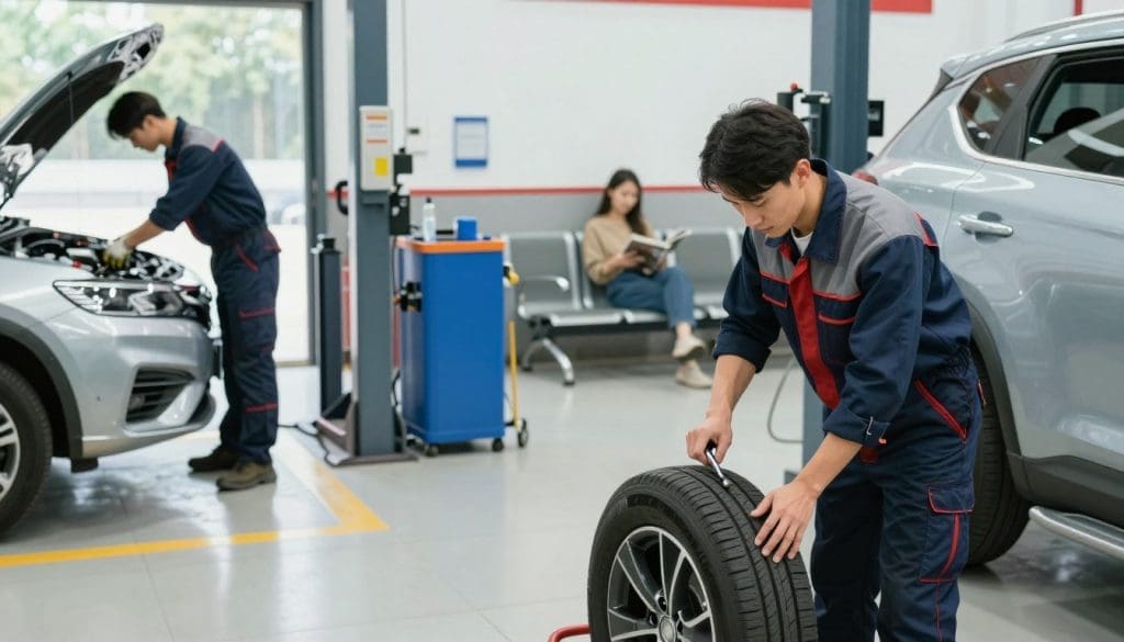 A modern auto care service station showcasing various additional vehicle maintenance services. In the foreground, a technician in professional attire inspects a vehicle's tire alignment, using specialized tools. To the left, another technician is performing an oil change, highlighting the importance of regular maintenance. The middle ground features a well-organized service area with tire balancing machines and maintenance equipment, emphasizing efficiency and cleanliness. The background shows a waiting area with a customer reading a magazine, creating a relaxed atmosphere. The lighting is bright and inviting, capturing the essence of a dedicated auto care facility. The overall mood is professional and reassuring, reflecting the commitment to improving ride quality and safety through comprehensive vehicle services.