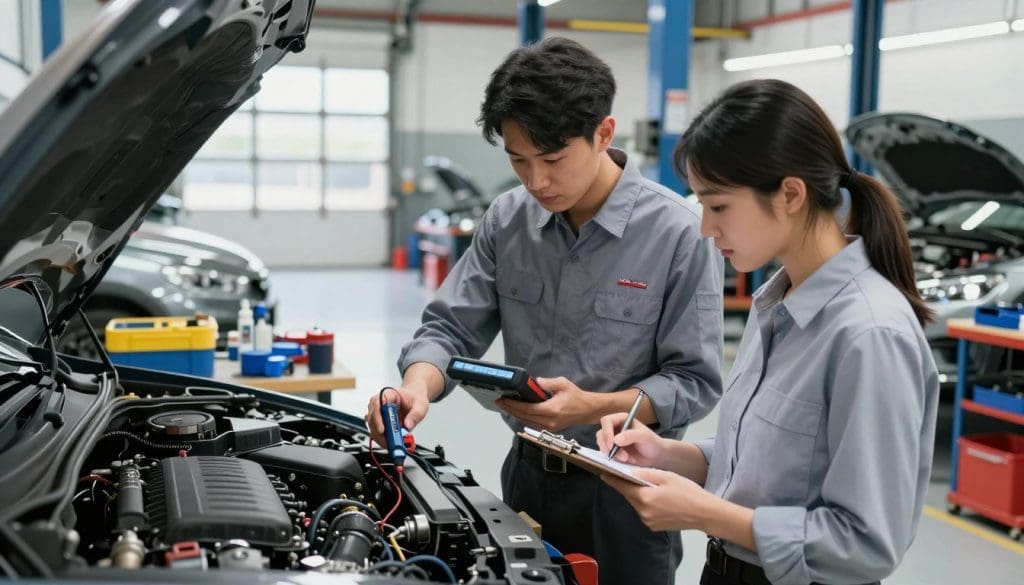 A modern auto repair shop, bustling with activity. In the foreground, two ASE certified technicians, one male and one female, both dressed in professional business attire, are intently examining an engine together. The male technician is using an electronic diagnostic tool, while the female technician is jotting down notes on a clipboard, both displaying focused expressions. In the middle ground, various tools and automotive parts are organized on workbenches, showcasing a clean and efficient workspace. The background features a well-lit garage bay with cars in various stages of repair, emphasizing professionalism. Soft, bright lighting enhances the clarity of the scene, and the angle captures both the technicians' teamwork and the detailed environment, conveying trust and quality in automotive repairs. The mood is collaborative and industrious. A modern auto repair shop, bustling with activity. In the foreground, two ASE certified technicians, one male and one female, both dressed in professional business attire, are intently examining an engine together. The male technician is using an electronic diagnostic tool, while the female technician is jotting down notes on a clipboard, both displaying focused expressions. In the middle ground, various tools and automotive parts are organized on workbenches, showcasing a clean and efficient workspace. The background features a well-lit garage bay with cars in various stages of repair, emphasizing professionalism. Soft, bright lighting enhances the clarity of the scene, and the angle captures both the technicians' teamwork and the detailed environment, conveying trust and quality in automotive repairs. The mood is collaborative and industrious.