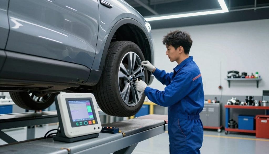 A modern automotive garage scene focused on a wheel alignment service, prominently featuring a professional mechanic in a blue jumpsuit, meticulously adjusting the suspension of a vehicle on a hydraulic lift. In the foreground, the mechanic uses precision tools to align the wheels, showcasing an intricate digital alignment machine with colorful LED displays. The middle ground is filled with various car parts and service equipment. The background reveals a well-organized garage with bright overhead LED lighting, creating a clean, efficient atmosphere. The angle should be slightly low to enhance the depth, capturing the focus on the alignment process. The overall mood is technical and professional, conveying the importance of proper wheel alignment for vehicle maintenance.