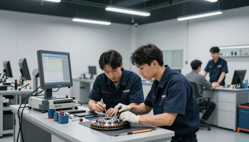 A modern brake service workshop scene, showcasing industry-leading brake service providers at work. In the foreground, two technicians in professional business attire are inspecting brake components, focusing intently on their tasks, with tools and equipment neatly organized around them. The middle ground features a state-of-the-art brake diagnostic machine displaying diagnostics data, while a third technician is communicating with a customer at the service desk, enhancing the atmosphere of professionalism and trust. In the background, bright overhead lights illuminate the space, highlighting clean and well-maintained workshop surroundings. The mood is focused and industrious, with an emphasis on safety and expertise, captured through a wide-angle lens that emphasizes the depth and activity of the workshop environment.