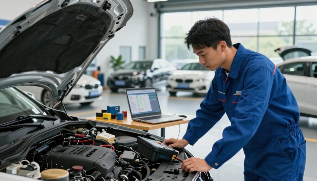 A modern garage scene illustrating preventative vehicle care strategies. In the foreground, a professional mechanic wearing a blue jumpsuit, examining a car engine compartment with diagnostic equipment, symbolizing modern technology. The middle ground features a clean, well-lit workspace with various tools, a laptop displaying diagnostic software, and vehicle parts neatly organized. The background reveals a modern dealership, showcasing an array of vehicles, emphasizing a proactive care approach. Soft, natural lighting filters through large windows, creating a bright and inviting atmosphere. The mood conveys efficiency, expertise, and innovation, capturing the essence of leveraging modern diagnostics for effective vehicle maintenance. A modern garage scene illustrating preventative vehicle care strategies. In the foreground, a professional mechanic wearing a blue jumpsuit, examining a car engine compartment with diagnostic equipment, symbolizing modern technology. The middle ground features a clean, well-lit workspace with various tools, a laptop displaying diagnostic software, and vehicle parts neatly organized. The background reveals a modern dealership, showcasing an array of vehicles, emphasizing a proactive care approach. Soft, natural lighting filters through large windows, creating a bright and inviting atmosphere. The mood conveys efficiency, expertise, and innovation, capturing the essence of leveraging modern diagnostics for effective vehicle maintenance.