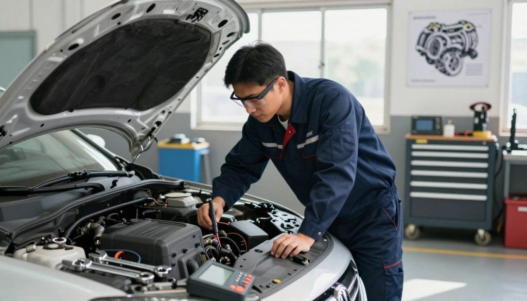 A professional auto mechanic of Asian descent, dressed in a dark blue work uniform and safety glasses, is focused intently on a car engine in a well-lit garage. In the foreground, detailed tools like wrenches and diagnostic equipment are neatly arranged on a workbench. The middle ground features the mechanic leaning over the opened hood of a car, inspecting it with a diagnostic tool. The background showcases a clean, organized workshop with posters displaying engine diagrams and a large tool cabinet. Natural light pours in from a window, creating a bright and inviting atmosphere, emphasizing professionalism and expertise. The overall mood is one of diligent work and safety, capturing the essence of engine diagnostics and repair without distractions.