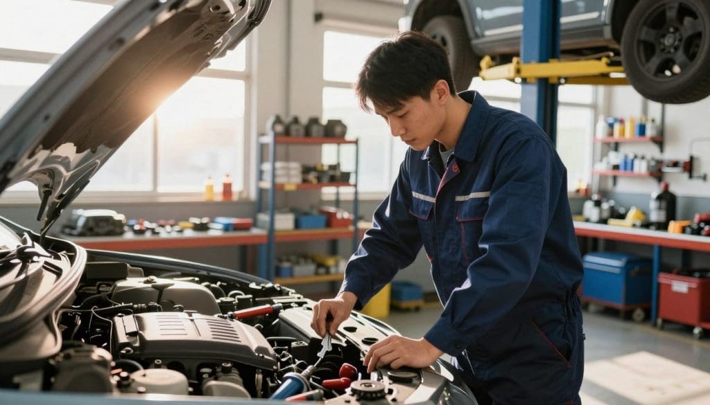 A professional automotive expert working diligently in a well-equipped garage setting, emphasizing vehicle maintenance with a focus on preventing overheating. Foreground features a knowledgeable technician in a crisp, navy blue uniform, carefully inspecting a car's engine with tools laid out neatly beside them. The middle ground shows an organized workspace filled with various tools, a car lift, and shelves stocked with automotive supplies. In the background, large windows let in bright, warm sunlight, illuminating the space and creating a welcoming atmosphere. The scene captures the essence of expertise and trust, with an overall mood that conveys reliability and professionalism. The scene is shot from a slightly low angle to emphasize the technician's concentration and dedication.