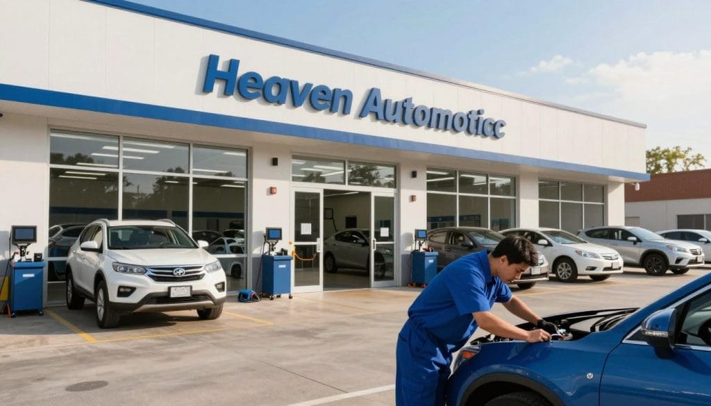 A professional automotive service center named "Heaven Automotive" in San Antonio, featuring a clean, modern exterior with large glass windows and a welcoming entrance. In the foreground, a technician in a blue uniform is attentively inspecting a car, showcasing an atmosphere of trust and expertise. The middle ground includes well-organized service bays with various vehicles being serviced, highlighting modern equipment and tools. The background shows a clear blue sky with the sun softly illuminating the scene, enhancing the feeling of reliability and professionalism. The overall mood is inviting and reassuring, emphasizing the quality of auto repair services provided, with subtle shadows creating depth. A professional automotive service center named "Heaven Automotive" in San Antonio, featuring a clean, modern exterior with large glass windows and a welcoming entrance. In the foreground, a technician in a blue uniform is attentively inspecting a car, showcasing an atmosphere of trust and expertise. The middle ground includes well-organized service bays with various vehicles being serviced, highlighting modern equipment and tools. The background shows a clear blue sky with the sun softly illuminating the scene, enhancing the feeling of reliability and professionalism. The overall mood is inviting and reassuring, emphasizing the quality of auto repair services provided, with subtle shadows creating depth.