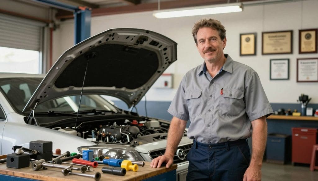 A professional mechanic in San Antonio, dressed in a clean, professional work shirt and pants, standing proudly in a well-lit auto repair shop. In the foreground, tools and auto parts are neatly organized, suggesting reliability and efficiency. In the middle ground, an open car hood reveals intricate machinery, conveying expertise and attention to detail. The background features awards and certifications on the wall, highlighting the mechanic's credentials and achievements. Soft, natural lighting from overhead fluorescents creates a welcoming atmosphere. The angle of the shot is slightly angled downwards, capturing the mechanic's confident expression as they engage with a customer, exuding trust and professionalism. The overall mood is one of assurance and reliability, perfect for illustrating the concept of identifying a trusted auto mechanic.