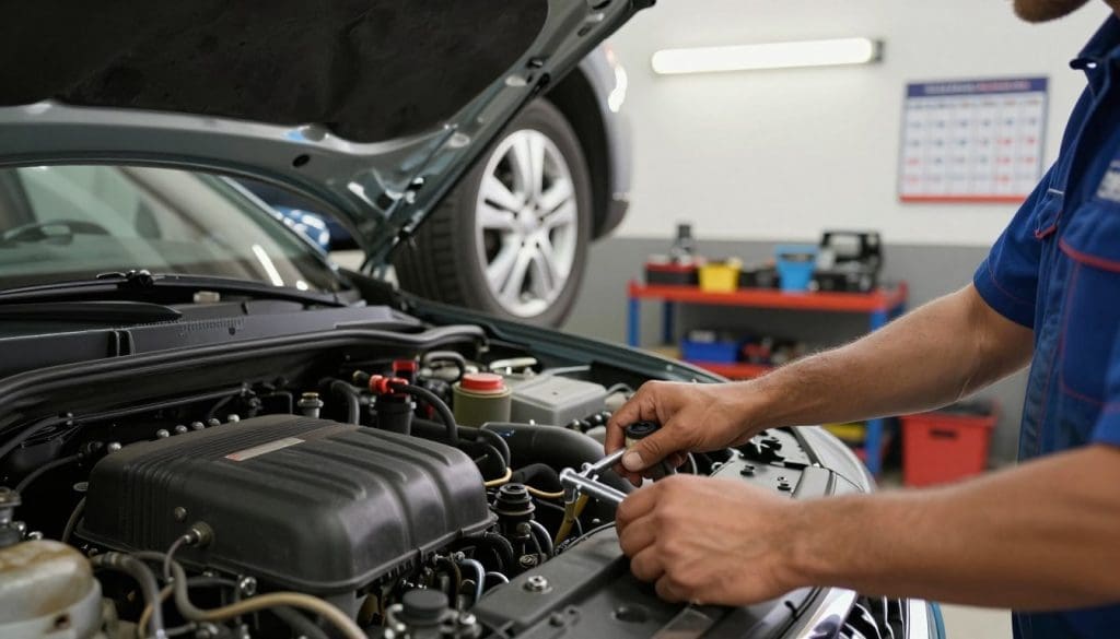 A professional mechanic in a clean garage, inspecting a well-maintained car's engine for preventive care, emphasizing cost savings. In the foreground, a detailed close-up of the mechanic's hands checking the oil level and filters, showcasing tools like an oil wrench and filter. The middle ground features a vehicle raised on a hydraulic lift, with gleaming tires and a shining body, suggesting efficient maintenance. In the background, bright LED lights create a welcoming atmosphere, reflecting the organized tools and a calendar highlighting scheduled maintenance tasks. The scene conveys a sense of diligence and financial wisdom, with a warm, inviting ambiance, captured with a slightly angled perspective to add depth and focus.