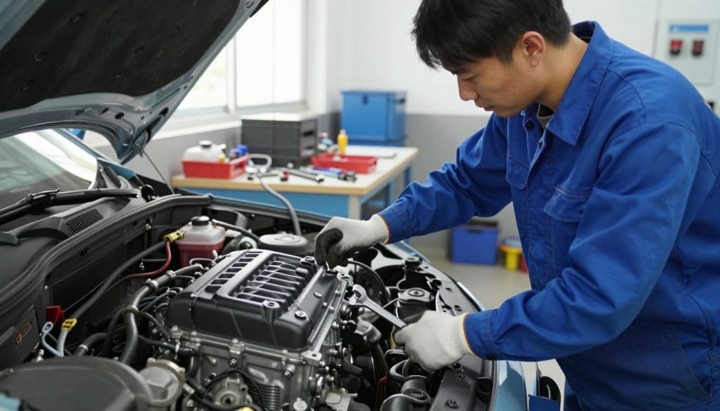 A professional mechanic performing preventative maintenance on a cooling system in a well-lit automotive workshop. In the foreground, the mechanic, dressed in a clean blue work uniform and safety gloves, inspects a gleaming engine's cooling components with a wrench in hand, focused on details. The middle ground features various tools and equipment organized neatly on a workbench, with a close-up of a coolant reservoir and hoses illustrating proper installation. In the background, a bright window allows natural light to flood the space, highlighting the clean and organized workshop environment. The scene conveys a sense of diligence and professionalism, emphasizing the importance of maintenance for optimal engine performance year-round. The angle is slightly elevated, capturing the action from a dynamic perspective while maintaining a clear view of the system being serviced.