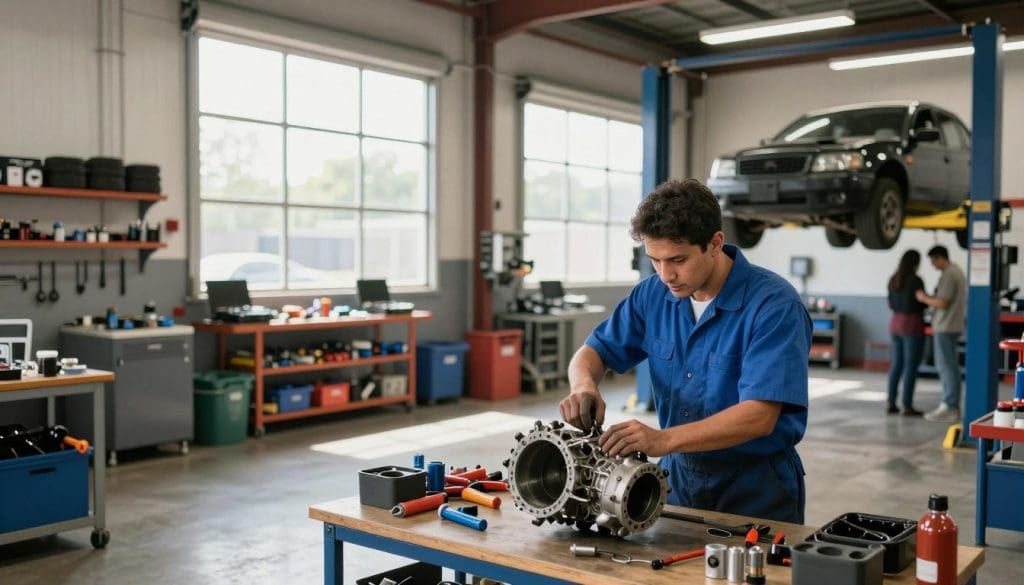 A professional transmission repair shop in San Antonio, featuring a clean and organized workshop. In the foreground, a skilled mechanic in a blue uniform, working intently on a car's transmission, with tools and parts neatly arranged nearby. The middle ground showcases a well-lit garage with transmission repair equipment, lifts, and shelves stocked with tools; a large window allows natural light to illuminate the space, enhancing the atmosphere of reliability. In the background, a couple of vehicles, one elevated on a lift, indicating active repair processes. The overall mood conveys professionalism and expertise, with a focus on quality service. Lighting should be bright and inviting, evoking a sense of trust in the repair services offered. A professional transmission repair shop in San Antonio, featuring a clean and organized workshop. In the foreground, a skilled mechanic in a blue uniform, working intently on a car's transmission, with tools and parts neatly arranged nearby. The middle ground showcases a well-lit garage with transmission repair equipment, lifts, and shelves stocked with tools; a large window allows natural light to illuminate the space, enhancing the atmosphere of reliability. In the background, a couple of vehicles, one elevated on a lift, indicating active repair processes. The overall mood conveys professionalism and expertise, with a focus on quality service. Lighting should be bright and inviting, evoking a sense of trust in the repair services offered.