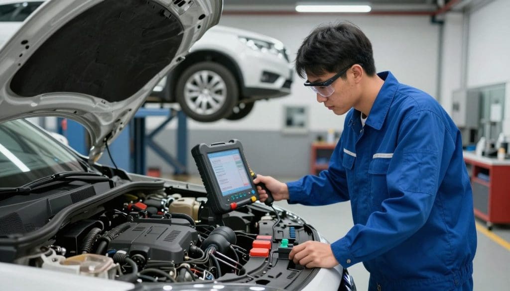 A professional vehicle inspection service scene, featuring a well-lit automotive garage setting. In the foreground, a certified inspector wearing a crisp blue uniform and safety glasses examines a car's engine with a digital diagnostic tool. The middle layer displays various inspection tools neatly organized on a workbench, while a spacious mechanic's bay with an elevated car on a lift can be seen in the background. Soft, diffused lighting creates a focus on the inspection process, highlighting the professional atmosphere. The mood is one of trust and efficiency, underscoring the benefits of choosing a professional service for routine vehicle inspections. Aim for a clear perspective, capturing the importance of safety and thoroughness.