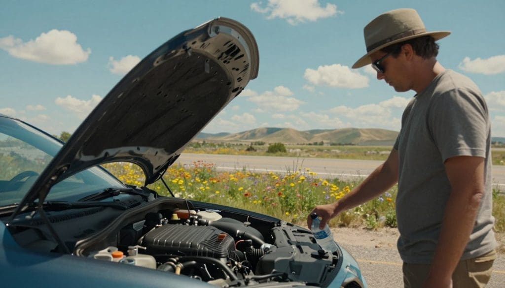 A scenic view of a Texas summer highway, showcasing a well-maintained car with an open hood, emphasizing a cooling system being checked. In the foreground, a person in modest casual clothing, wearing sunglasses and a wide-brimmed hat, inspects the engine while holding a water bottle. In the middle ground, vibrant wildflowers bloom alongside the road under a bright blue sky with a few fluffy clouds, radiating warmth and sunlight. The background features distant rolling hills creating a sense of space, hinting at an endless journey. The scene is illuminated by strong midday sunlight, casting sharp shadows and showcasing the heat of a Texas summer, evoking a relaxed yet attentive atmosphere as the traveler stays cool on the road.