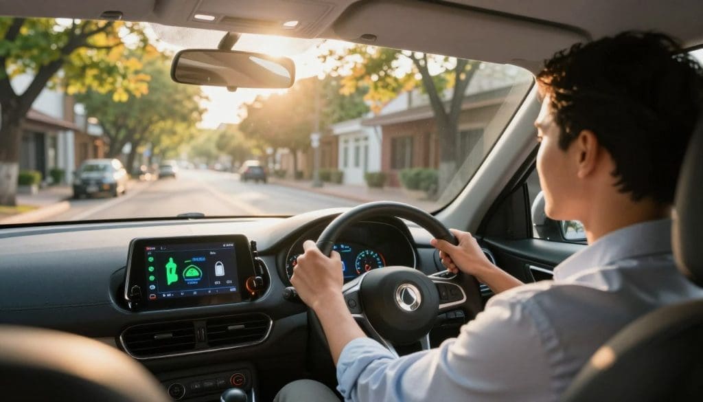 A serene street scene in San Antonio during golden hour, depicting a family car on the road, showcasing smart driving habits for fuel economy. In the foreground, a driver in professional attire, focused and relaxed, lightly rests their hands on the steering wheel. The middle ground features various eco-friendly indicators on the dashboard, emphasizing fuel efficiency, while the background includes vibrant trees and buildings typical of San Antonio. Soft sunlight filters through the leaves, casting a warm glow, creating an inviting and optimistic atmosphere. Capture a shallow depth of field to emphasize the driver and dashboard, with a slight lens flare for an uplifting mood, symbolizing the benefits of careful driving. The image should be clear, crisp, and free of any text or distractions.
