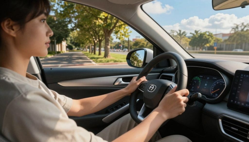 A serene urban scene focused on a driver in a modest casual outfit, sitting comfortably in a modern, fuel-efficient car on a sunlit road. In the foreground, the driver is gently easing off the accelerator, showcasing the adjustment of driving habits for better fuel efficiency. The dashboard of the car displays an eco-friendly fuel efficiency gauge, glowing softly. In the middle ground, trees lining the road filter warm sunlight, creating dappled shadows on the asphalt. The background features a clear blue sky with a few fluffy clouds, emphasizing a calm, eco-conscious atmosphere. The lighting is natural and warm, casting a positive mood, suggesting sustainable practices in everyday driving. The angle is slightly elevated, capturing both the driver’s actions and the beautiful landscape, encouraging viewers to reflect on improved fuel habits.