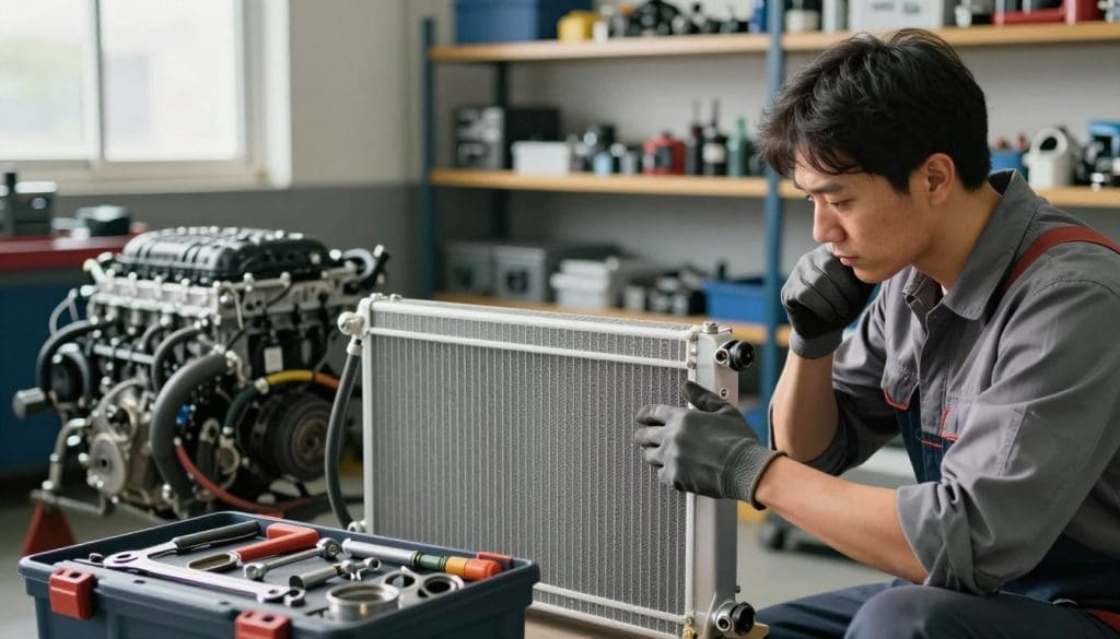 A skilled technician in a clean garage working on a car's cooling system, focused on a large, gleaming radiator. The foreground features a toolbox with various tools organized neatly, emphasizing professionalism. The technician, wearing a collared shirt and work gloves, is in a thoughtful pose, inspecting the radiator, with concentration evident on their face. In the middle ground, a partially disassembled engine can be seen, with hoses and components carefully arranged. The background showcases well-lit shelves filled with car parts, creating a busy, yet organized workspace. Soft, natural lighting streams in from a nearby window, casting gentle shadows that enhance the detail of the scene, evoking a sense of expertise and reliability.