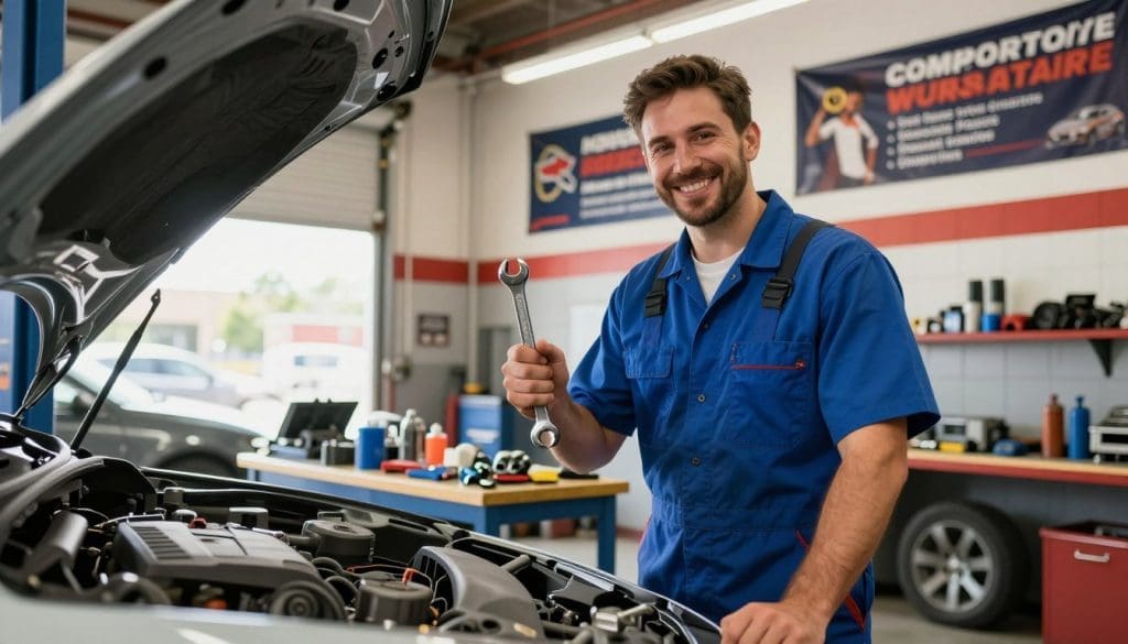 A visually engaging auto repair shop scene in San Antonio, showcasing a friendly mechanic examining a vehicle in the foreground. The mechanic, dressed in neat blue coveralls and a professional shirt, smiles while holding a wrench, reflecting a welcoming atmosphere. In the middle ground, various automotive parts and tools are organized neatly on a workbench, illustrating a commitment to quality service. The background features a bright, well-lit garage with banners showcasing competitive pricing and warranty options prominently displayed on the walls. Use natural daylight filtering through the windows to create a warm and inviting mood. The composition should be shot from a slightly low angle to emphasize the mechanic's dedication and professionalism, instilling a sense of trust and reliability.