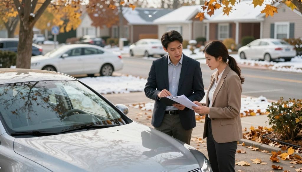 A visually engaging image illustrating car care tips during seasonal changes. In the foreground, showcase a well-maintained car with a shiny exterior parked in a driveway, surrounded by autumn leaves. The middle ground features two professional individuals, a man and a woman dressed in business casual attire, discussing car maintenance with a checklist in hand. In the background, depict a neighborhood scene transitioning from autumn to winter, with a light dusting of snow and parked cars. Utilize soft, natural lighting to create a warm and inviting atmosphere, shot from a slightly elevated angle to capture all elements harmoniously. The overall mood conveys diligence and preparedness, emphasizing the importance of car maintenance in response to seasonal shifts.