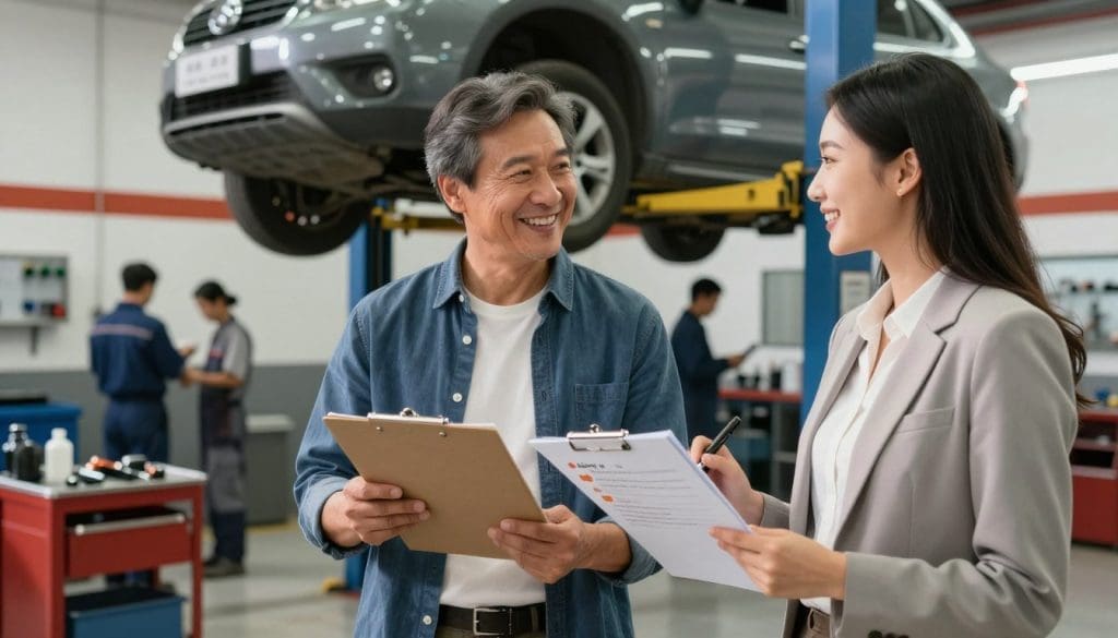 A visually engaging scene featuring two satisfied customers in a modern auto repair shop, each holding a clipboard filled with positive testimonials about their vehicle maintenance experiences. In the foreground, a middle-aged man in a smart casual outfit, and a young woman in professional attire, both smiling and engaging with each other as they share their testimonials. In the middle ground, various vehicle maintenance tools and a cleanly maintained car are subtly showcased, hinting at a sense of professionalism and quality service. The background consists of a well-lit garage with mechanics working efficiently, promoting a mood of trust and reliability. Bright, warm lighting highlights the positive atmosphere, captured from a slightly low angle to create a sense of optimism and satisfaction.