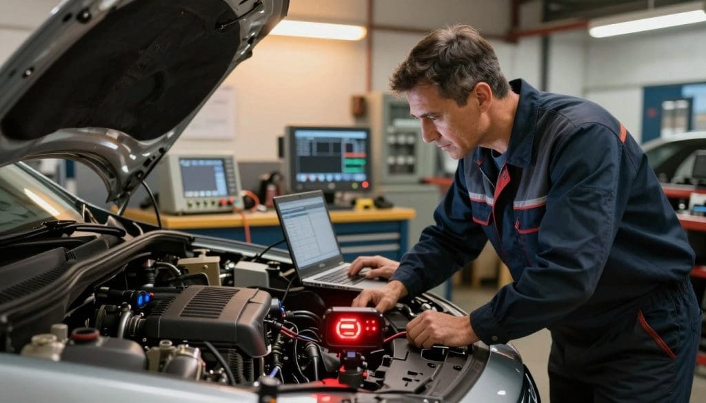 A well-lit auto repair shop interior, showcasing a mechanic wearing professional work attire, focused intently on diagnosing a vehicle's engine issues. In the foreground, a glowing check engine light is prominently displayed on a car's dashboard, while in the background, various tools and diagnostic equipment are neatly arranged on a workbench. The mechanic, a middle-aged individual with short hair, is using a laptop connected to the car's OBD-II port to analyze data. Soft overhead lighting casts a warm glow over the scene, creating an atmosphere of professionalism and attention to detail. The perspective is slightly angled to capture the mechanic's concentration on the task while emphasizing the check engine warning light's importance in the repair process.