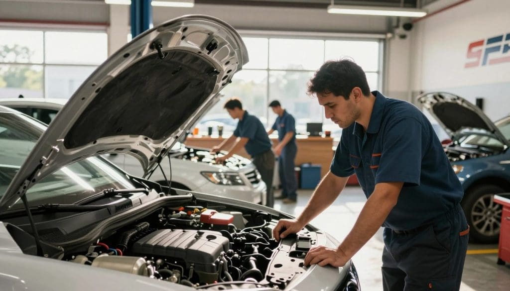 A well-lit auto service center in San Antonio at midday, showcasing a clean and organized workshop. In the foreground, a mechanic in a professional uniform examines an open car hood, highlighting engine components with a focus on maintenance tools. The middle ground features other technicians working on different vehicles, emphasizing teamwork and expertise. The background reveals a welcoming reception area with large windows, displaying the center's branding subtly on the walls. Bright, natural light floods the space, casting soft shadows and creating a warm and inviting atmosphere. The overall mood exudes trust, professionalism, and reliability in auto repair services, designed to reassure customers seeking engine repair and maintenance.