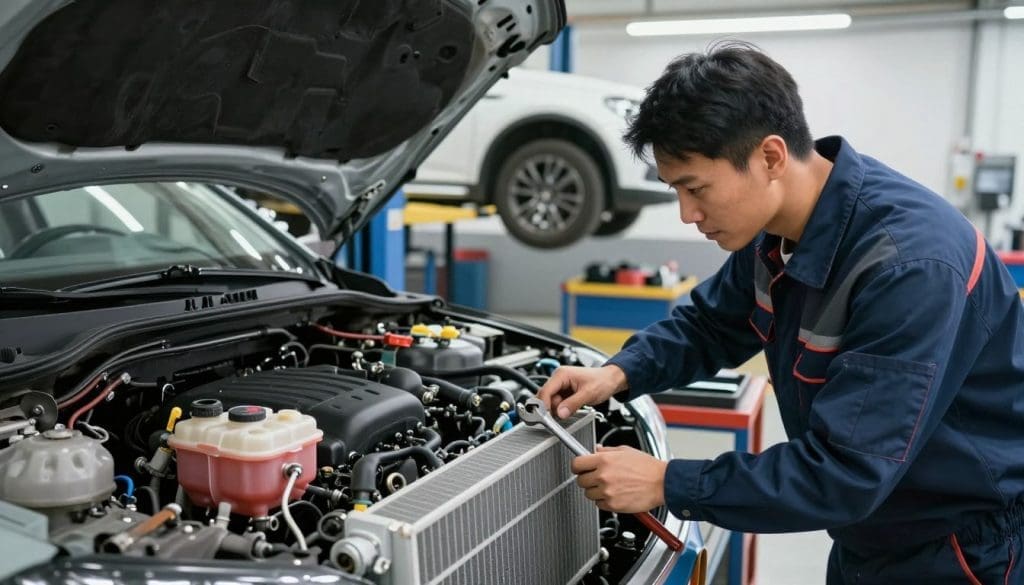 A well-lit automotive workshop scene showcasing a mechanic conducting preventative maintenance on a car's cooling system. In the foreground, the mechanic, dressed in a professional uniform, is attentively checking the radiator and coolant reservoir with a wrench in hand. The middle layer features an organized workbench filled with tools and cooling system parts, emphasizing a sense of order and professionalism. The background displays a car lift with an elevated vehicle, highlighting the importance of routine check-ups. The scene is illuminated by bright overhead lights, creating a clean and focused atmosphere. The angle is slightly tilted to showcase both the mechanic's focused expression and the intricacies of the cooling system components, conveying a mood of diligence and proactive care.