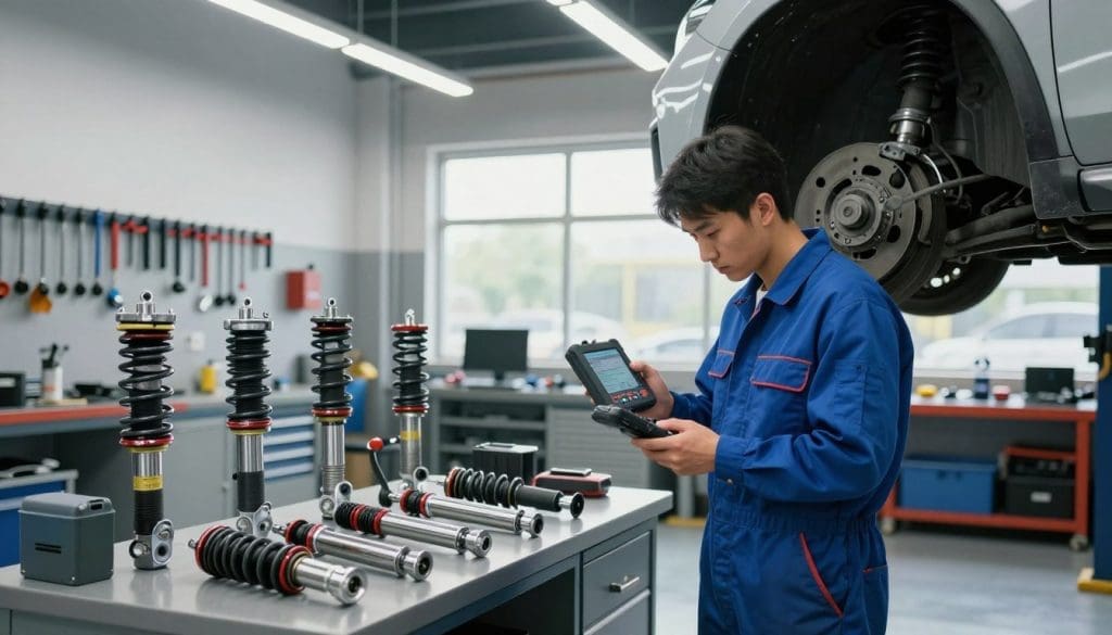 A well-lit automotive workshop showcasing comprehensive suspension services. In the foreground, a mechanic, dressed in a professional blue jumpsuit, inspects a car's suspension system with a diagnostic tool, focused and attentive. The middle ground features various suspension components like shocks, struts, and springs displayed neatly on a workbench. In the background, a clean, organized workshop is visible with automotive tools hanging on the walls, bright overhead lights illuminating the space, and a large window letting in natural light. The atmosphere is professional and industrious, conveying a sense of expertise and reliability in automobile maintenance and repair. The perspective is slightly angled to capture both the mechanic's concentration and the range of services offered.