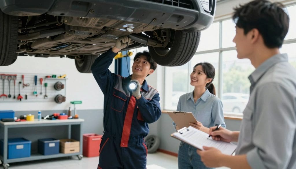 A well-maintained vehicle in a bright, airy automotive inspection garage, showcasing a mechanic inspecting the car's undercarriage. In the foreground, the mechanic, dressed in professional work attire, is using a flashlight to examine the brakes, while a cheerful vehicle owner waits nearby, holding a clipboard with maintenance records. The middle of the scene features automotive tools neatly organized on a wall, emphasizing safety and efficiency in maintenance practices. In the background, large windows let in natural light, illuminating the entire space with a welcoming atmosphere. The focus is sharp, with a shallow depth of field blurring the edges slightly, creating an engaging, informative mood that conveys professionalism in vehicle care and inspection.