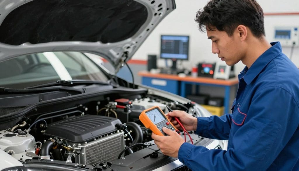 An advanced cooling system diagnostic scene showing a skilled mechanic in a professional uniform, examining a car's cooling system. The foreground features a detailed close-up of the mechanic holding sophisticated diagnostic tools, such as a multimeter and temperature gauge, with focused expressions. In the middle ground, a sleek car hood is opened, revealing the engine components, including the radiator and hoses, illuminated by bright, natural lighting. The background showcases a modern auto repair shop with organized tools and diagnostic equipment, enhancing the professional atmosphere. The image conveys a sense of expertise and reliability in cooling system repair, with a clean and well-maintained environment that reflects high-quality service in San Antonio.