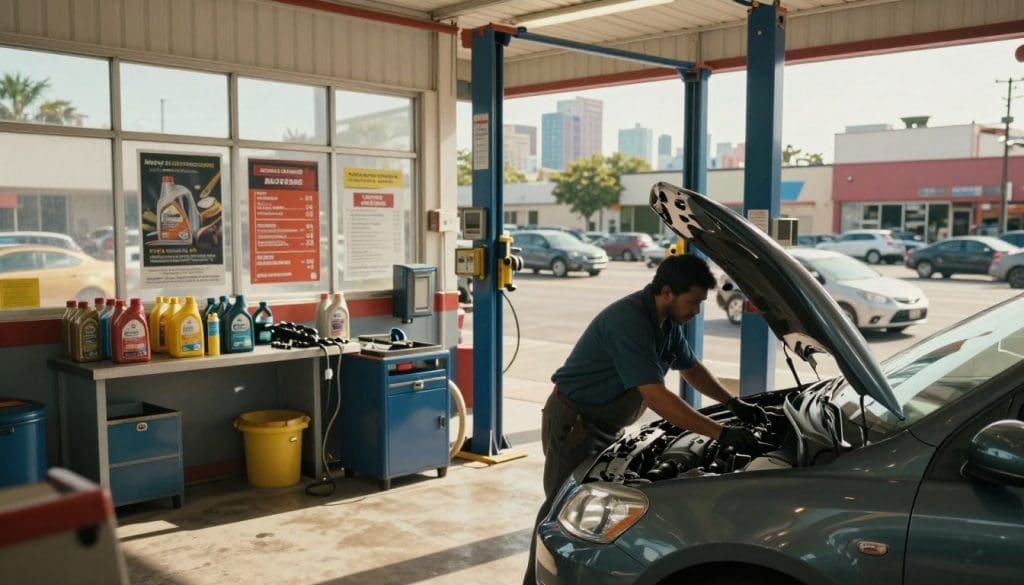 An automotive service station in San Antonio bustling with activity, showcasing a well-lit oil change bay. In the foreground, a mechanic in professional attire is diligently working under the hood of a compact car, the engine gleaming. The middle section highlights an organized workspace with oil change supplies, tools, and posters of oil brands displaying prices and services. In the background, a vibrant San Antonio skyline hints at the local traffic, with vehicles moving steadily. The sunlight streams in through large windows, casting soft shadows, creating a warm and inviting atmosphere. The image captures the essence of automotive care, focusing on the importance of regular oil changes in the context of busy city driving. An automotive service station in San Antonio bustling with activity, showcasing a well-lit oil change bay. In the foreground, a mechanic in professional attire is diligently working under the hood of a compact car, the engine gleaming. The middle section highlights an organized workspace with oil change supplies, tools, and posters of oil brands displaying prices and services. In the background, a vibrant San Antonio skyline hints at the local traffic, with vehicles moving steadily. The sunlight streams in through large windows, casting soft shadows, creating a warm and inviting atmosphere. The image captures the essence of automotive care, focusing on the importance of regular oil changes in the context of busy city driving.